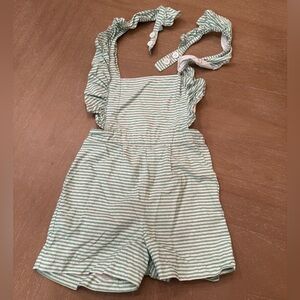 bella bliss Green and White Striped Ruffle Strap Short Romper